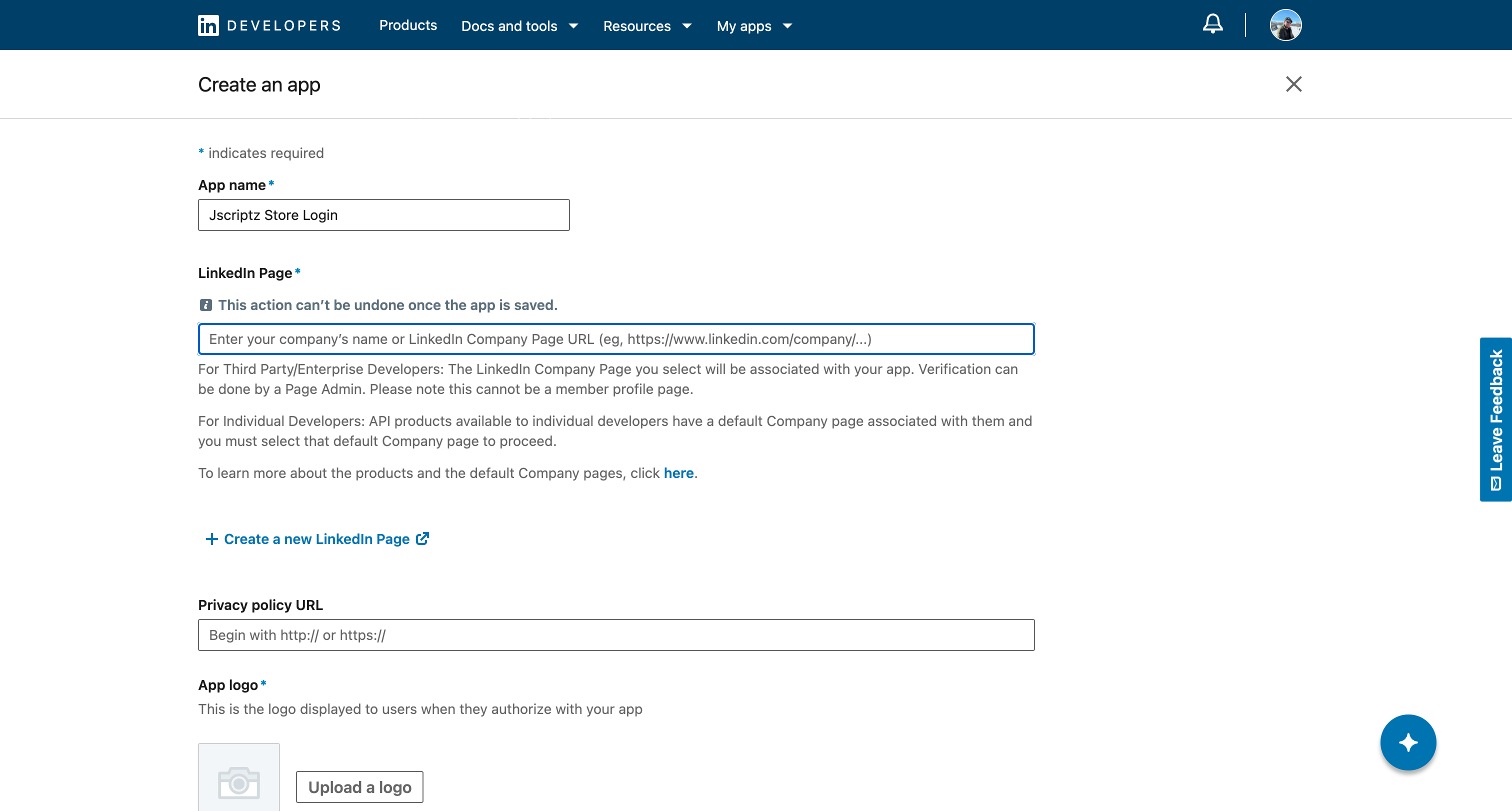 LinkedIn Create App Form