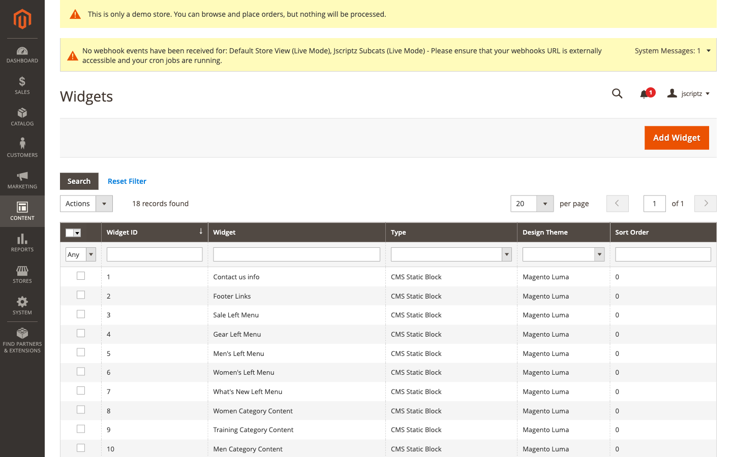 Content > Widgets list page showing existing widgets