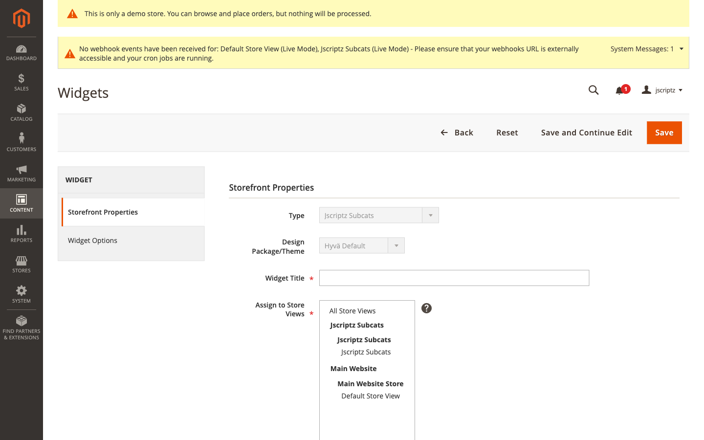 Widget Storefront Properties configuration